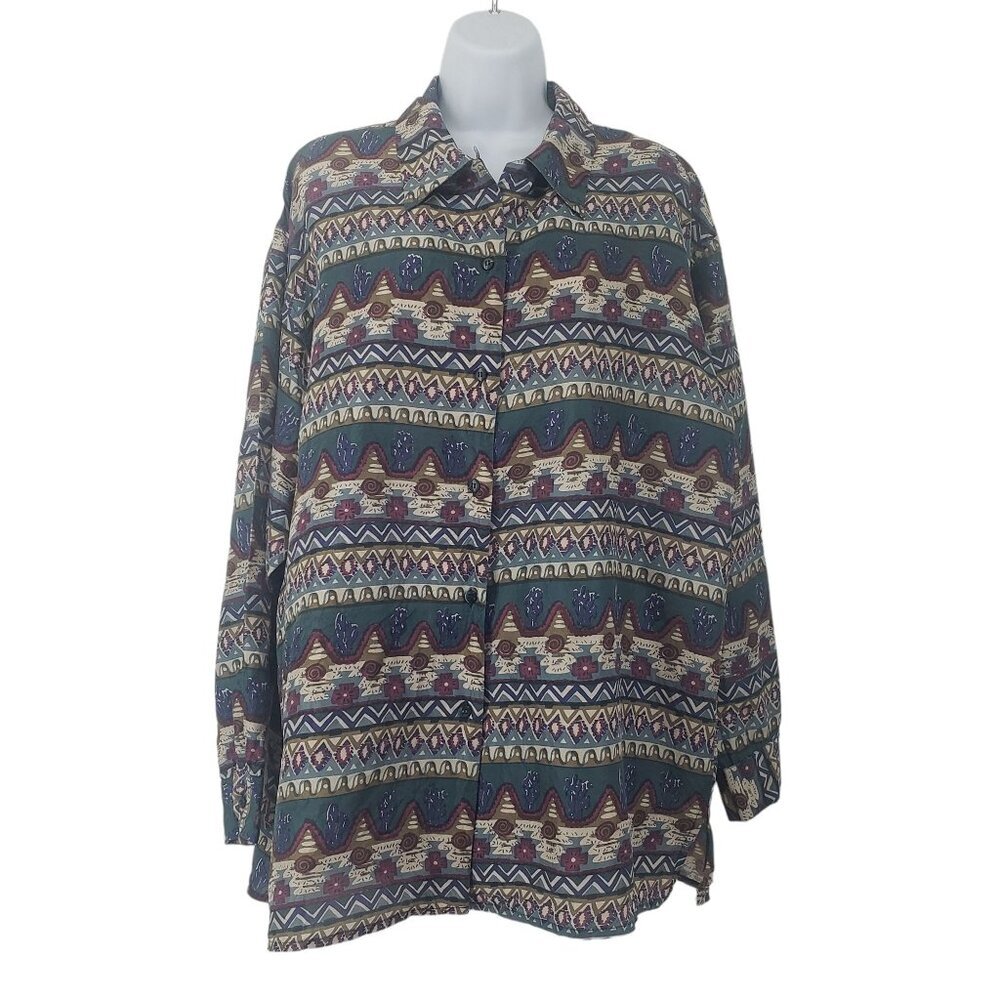 VTG Stunt Collections Silk Button Up Blouse Aztec Country Western Print Womens L